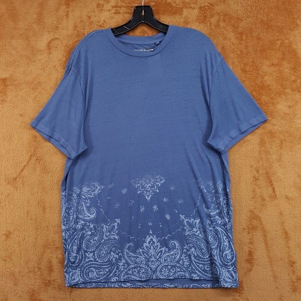 GUESS Shirt Mens Small Blue Paisley Pullover Crew Soft Burnout Slub Logo